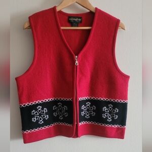 Vtg Requirements vneck full zip wool holiday sweater vest Women's L red, black